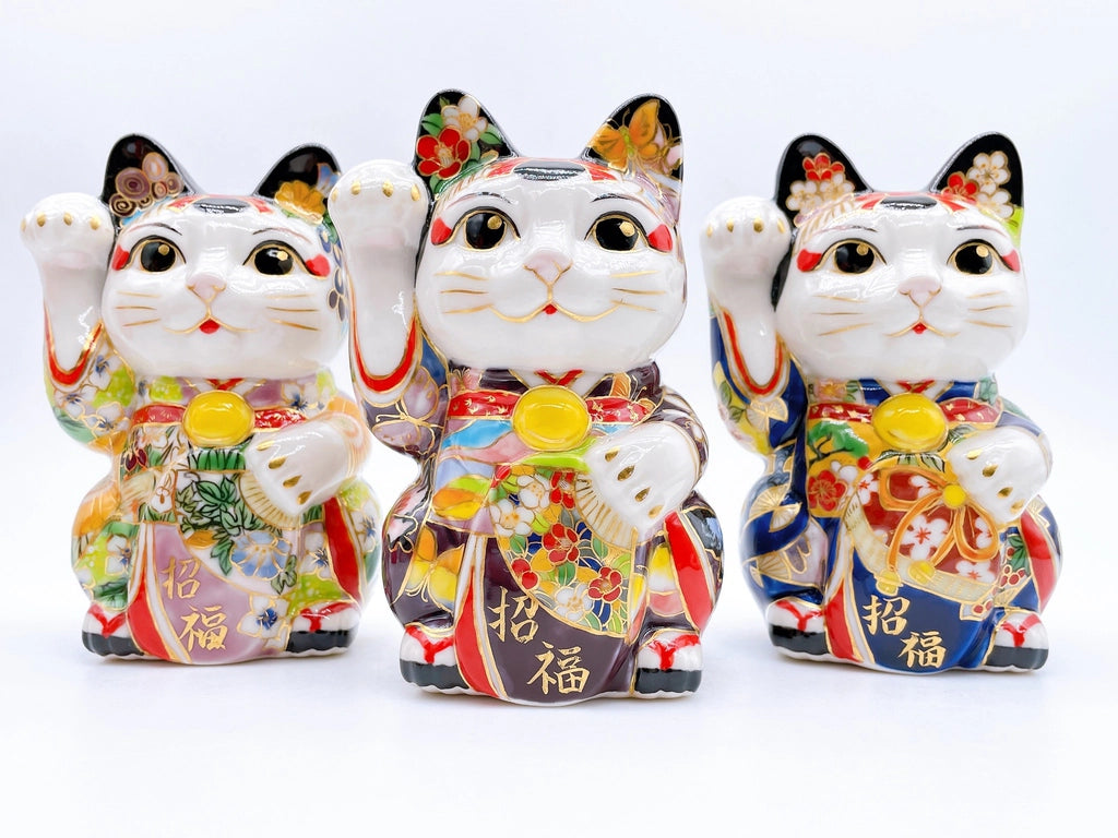 Japanese Kiyomizu-yaki Lucky Cat, Maiko, Fuji Crane, Lucky Cat