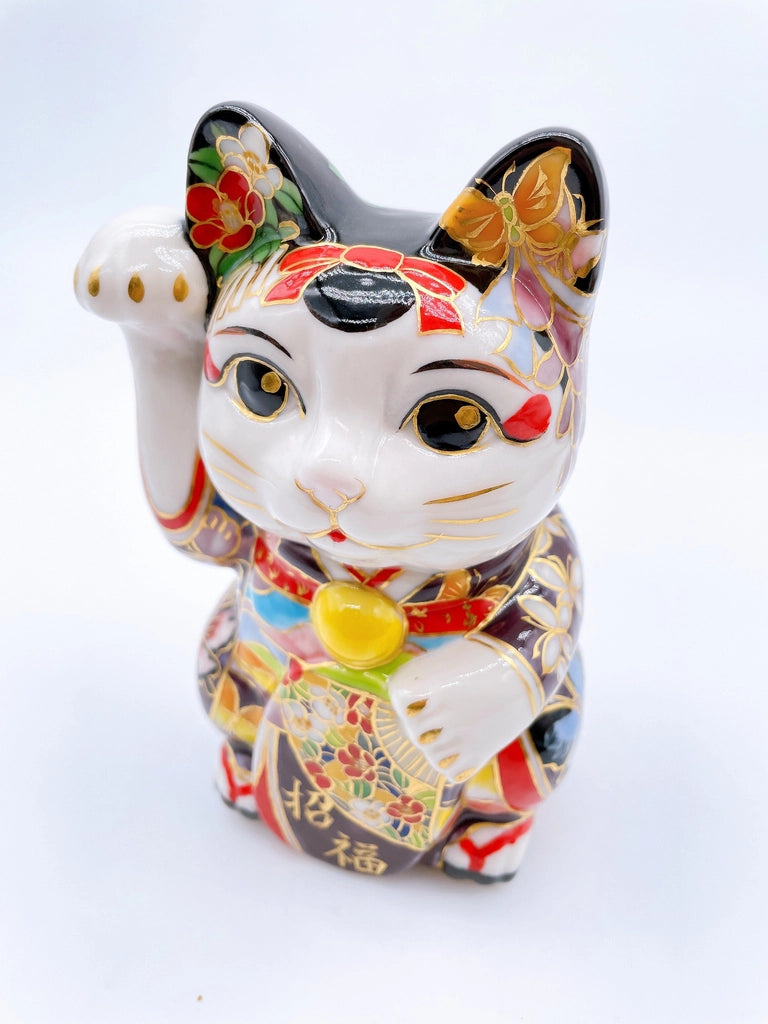 Japanese Kiyomizu-yaki lucky cat enamel painting Maiko Butterfly