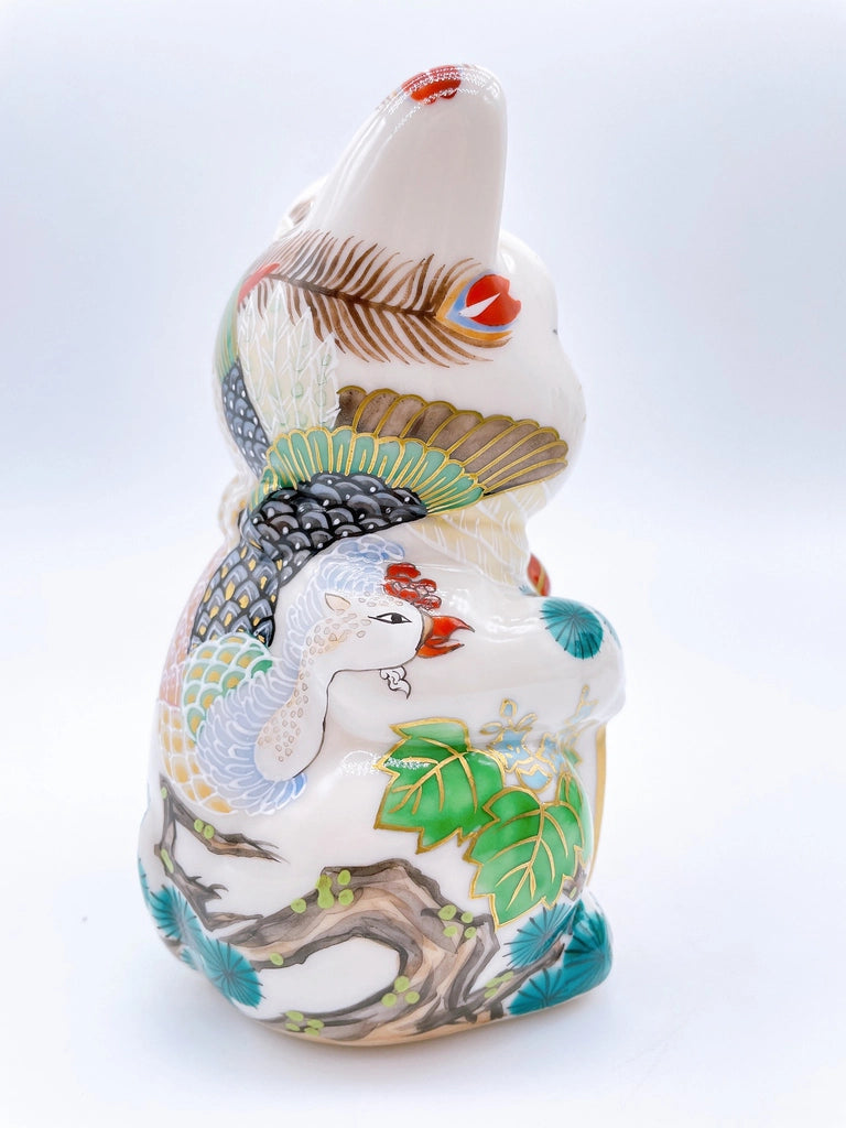 Japanese Kiyomizu-style lucky cat with white phoenix design