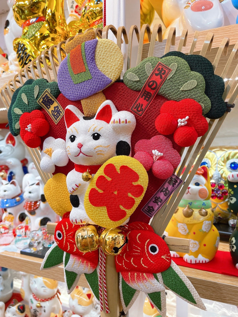 日本吉祥鯉魚繡花招財貓門松