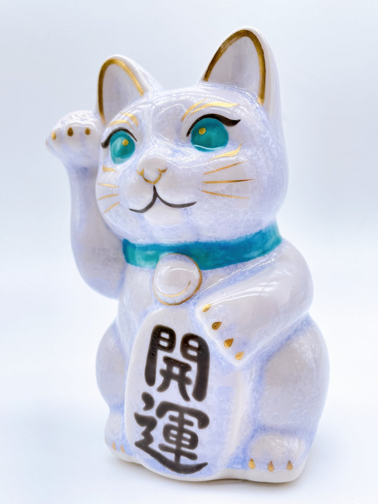 日本清水烧招财猫 花结晶 紫蓝 开运