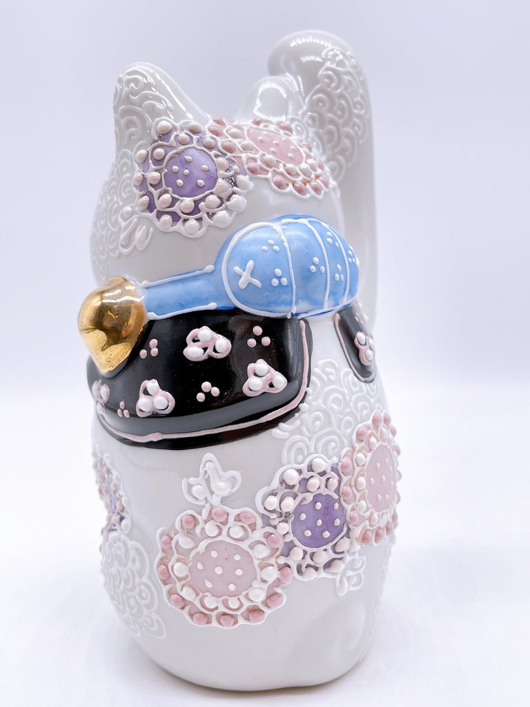 Japanese Kutani Ware Lucky Cat with Large Purple Flowers