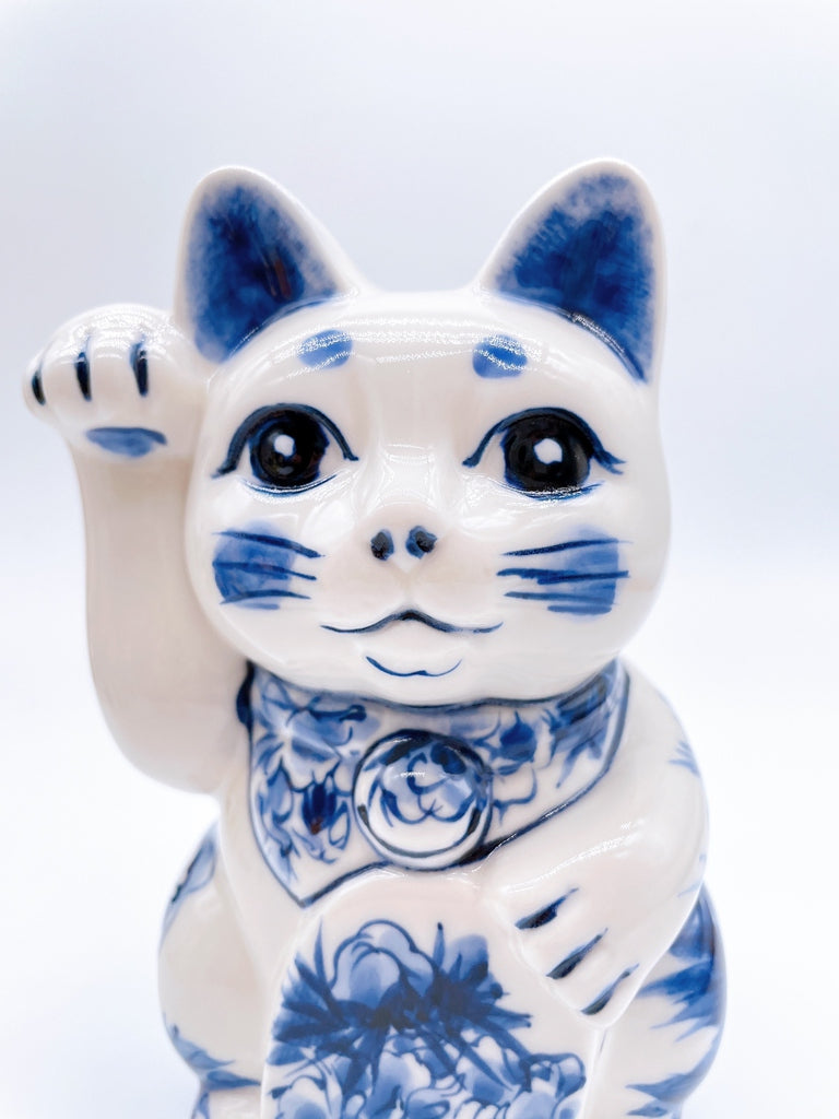 日本清水烧招财猫染付牡丹