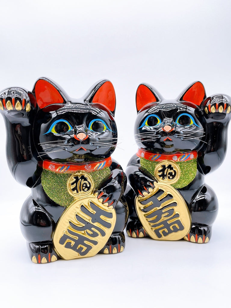 日本常滑小判黑招き猫 8号 左右