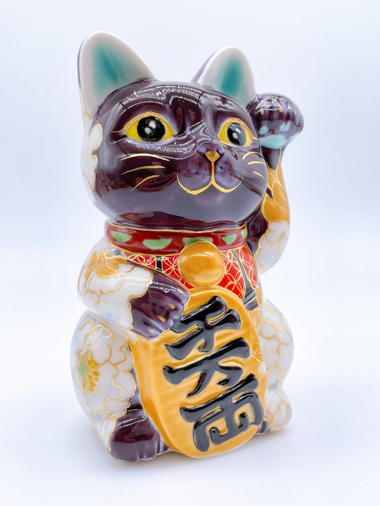 日本清水烧招财猫紫地牡丹