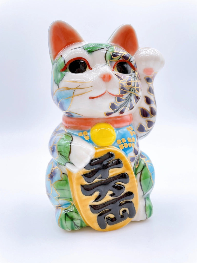 Japanese Kiyomizu-style lucky cat (pink and green vines)