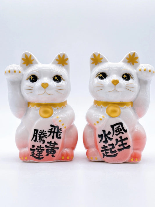 日本清水烧招财猫花结晶白桃