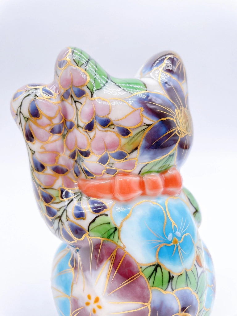 Japanese Kiyomizu-style lucky cat (pink and green vines)
