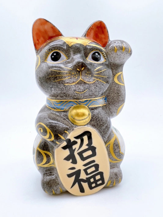 日本清水燒招財貓 薄黑地 櫻 松 紅葉
