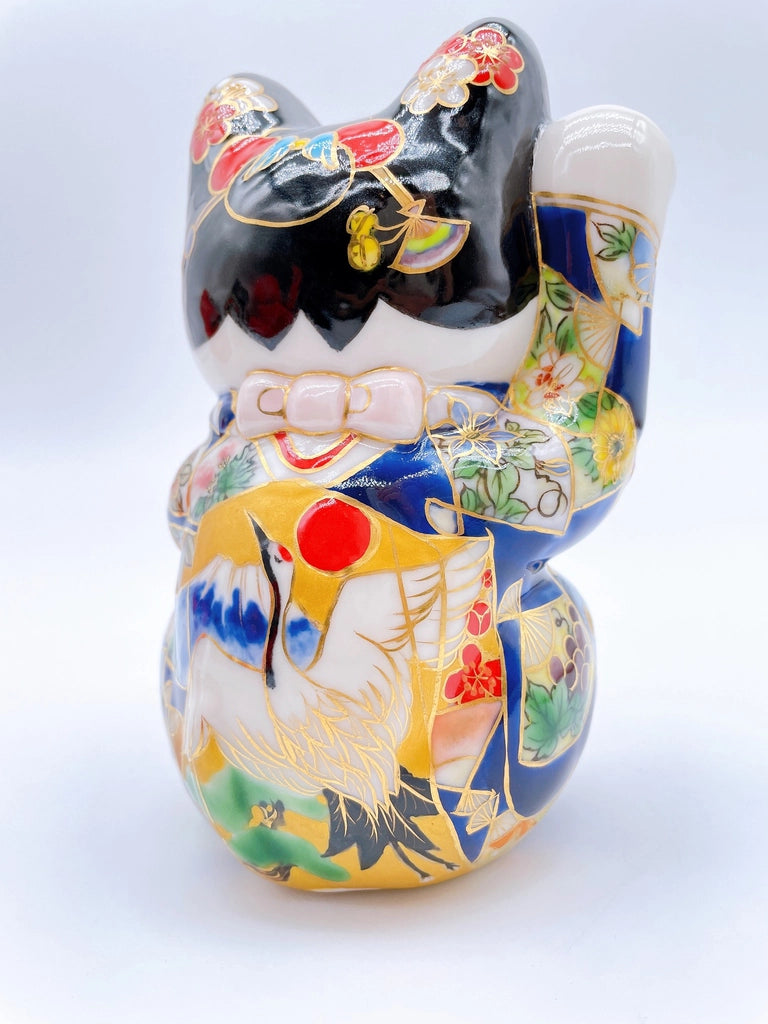Japanese Kiyomizu-yaki Lucky Cat, Maiko, Fuji Crane, Lucky Cat