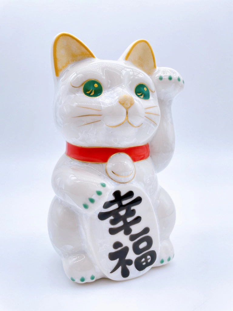 日本清水烧招财猫花结晶白翠幸福