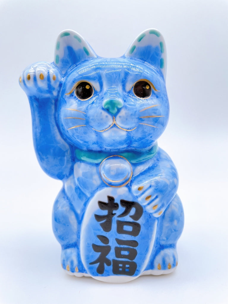 日本清水烧招财猫花结晶青